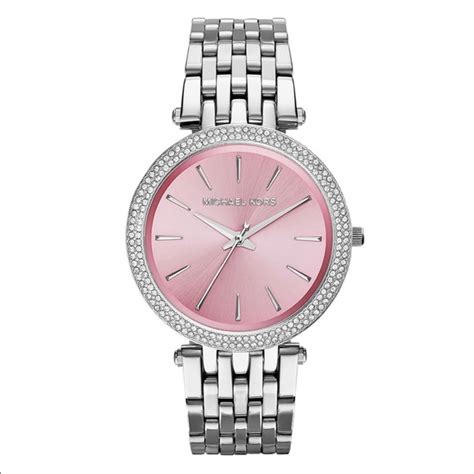 michael kors silver watch with pink face